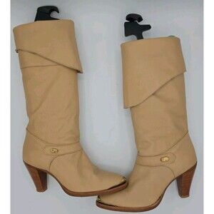 Dingo 70'S Sz 9 Beige Leather Mid Calf or Knee High Boots with Gold Kickplates